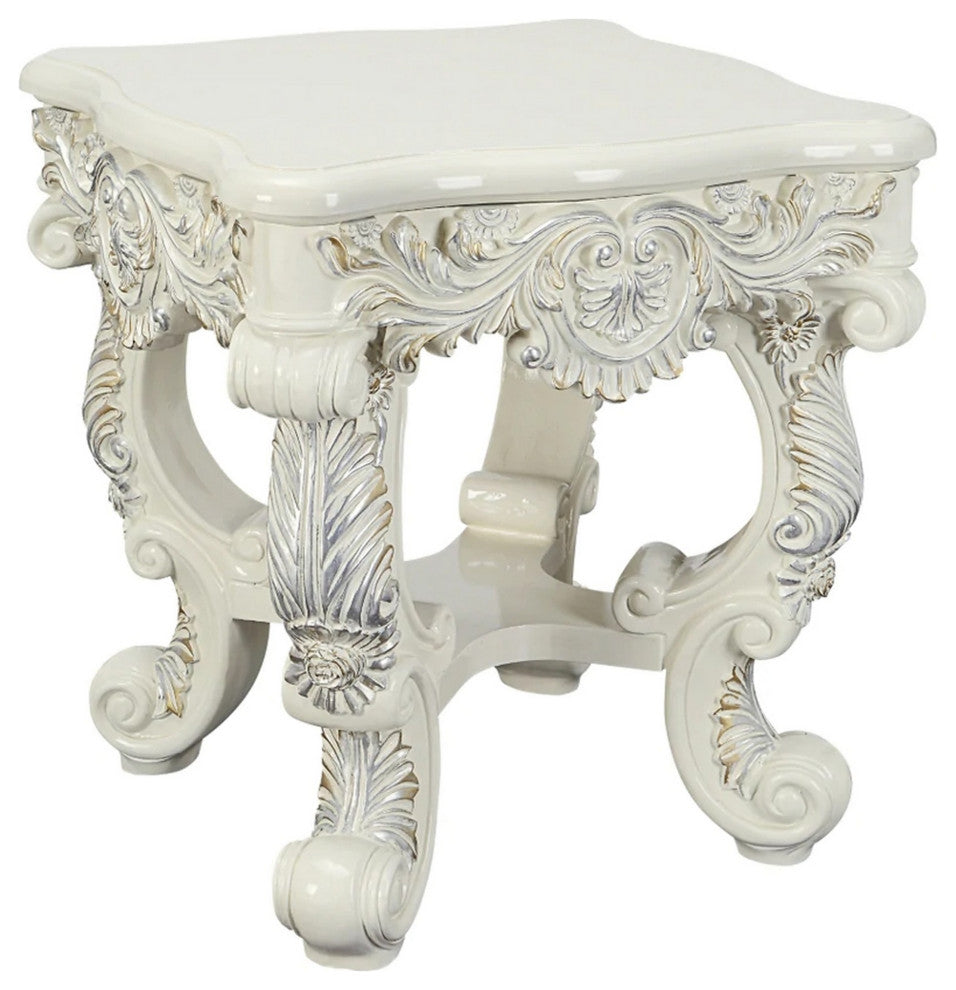 Benzara BM279046 28" Square End Table Ornate Floral Carvings, Claw Feet, White