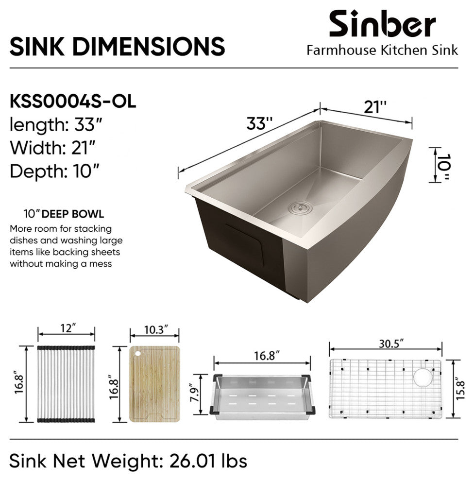 Sinber Single Bowl Kitchen Sink with 304 Stainless Steel Satin Finish, 33"x21" Workstation, Apron/Farmhouse