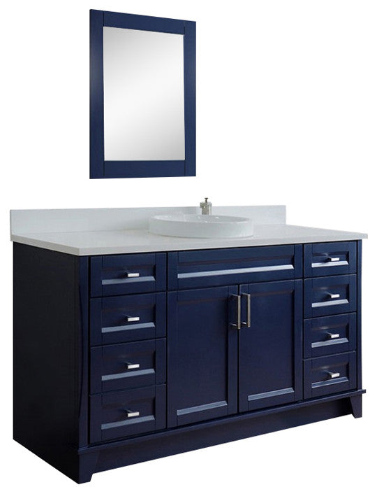 61" Single Sink Vanity, Blue Finish And Engineered Stone Top And Round Sink