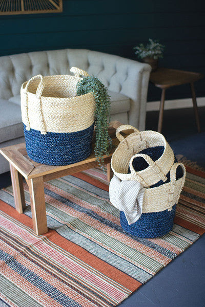 Kalalou Cch1146 Set Of Three Braided Maize Rope Baskets With Blue Bott