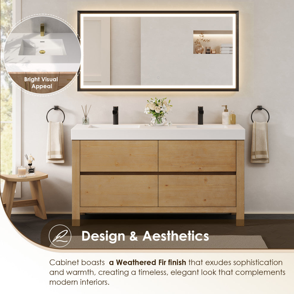 Cascadia Bathroom Vanity, Weathered Fir, 60", With Mirror
