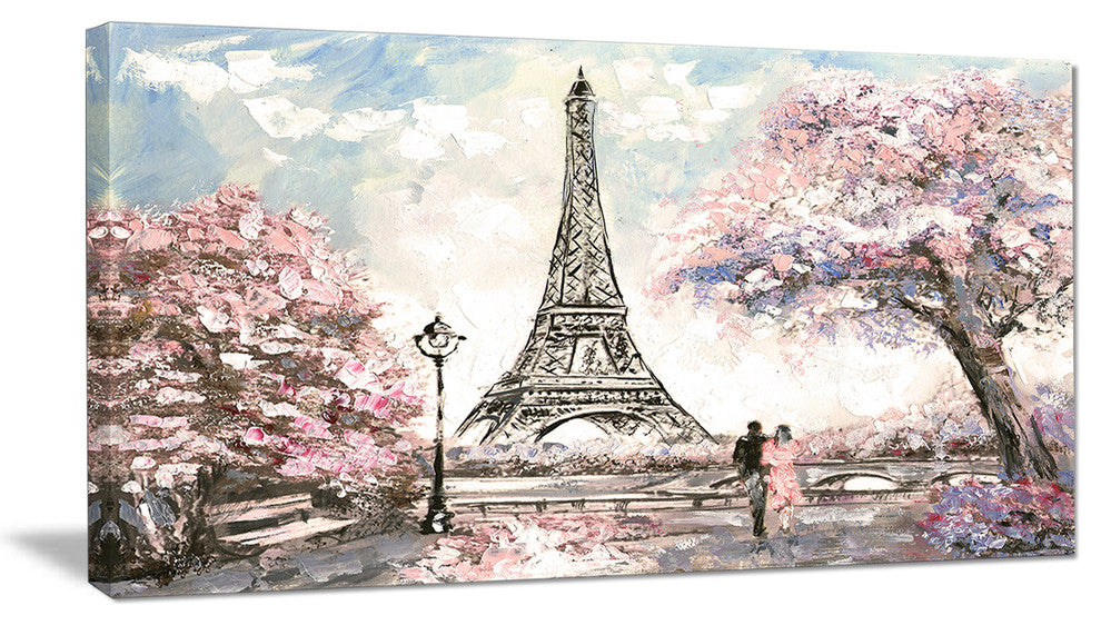 Eiffel with Pink Flowers, Landscape Canvas Art Print, 32"x16"
