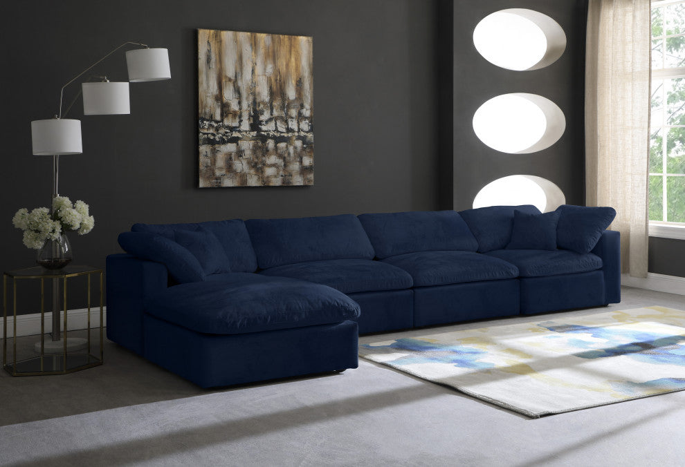 Cozy Velvet Upholstered Comfort L-Shaped Modular Sectional, Navy, 5-Piece: 2 Armless Chair, 2 Corner Chair, 1 Ottoman