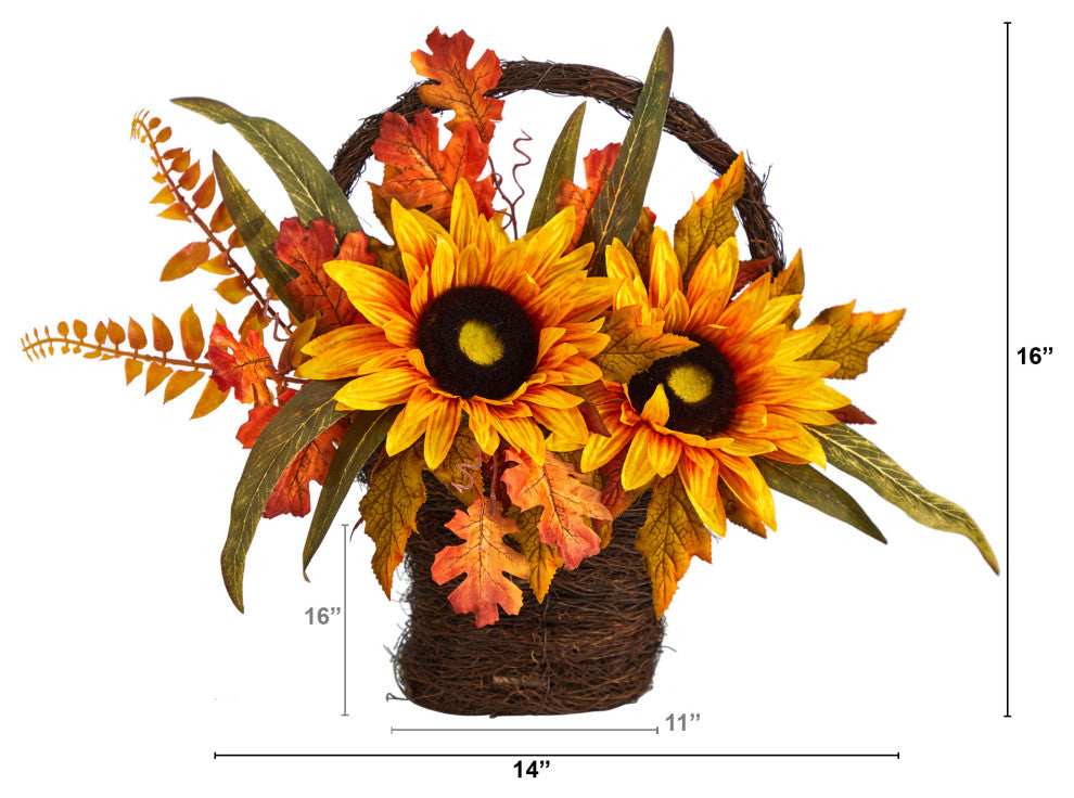 16" Fall Sunflower Artificial Autumn Arrangement, Decorative Basket