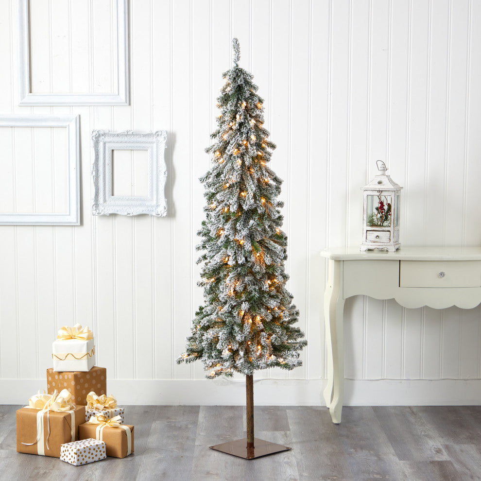 6' Flocked Alpine Christmas Faux Tree With 200 Lights and 580 Bendable Branches