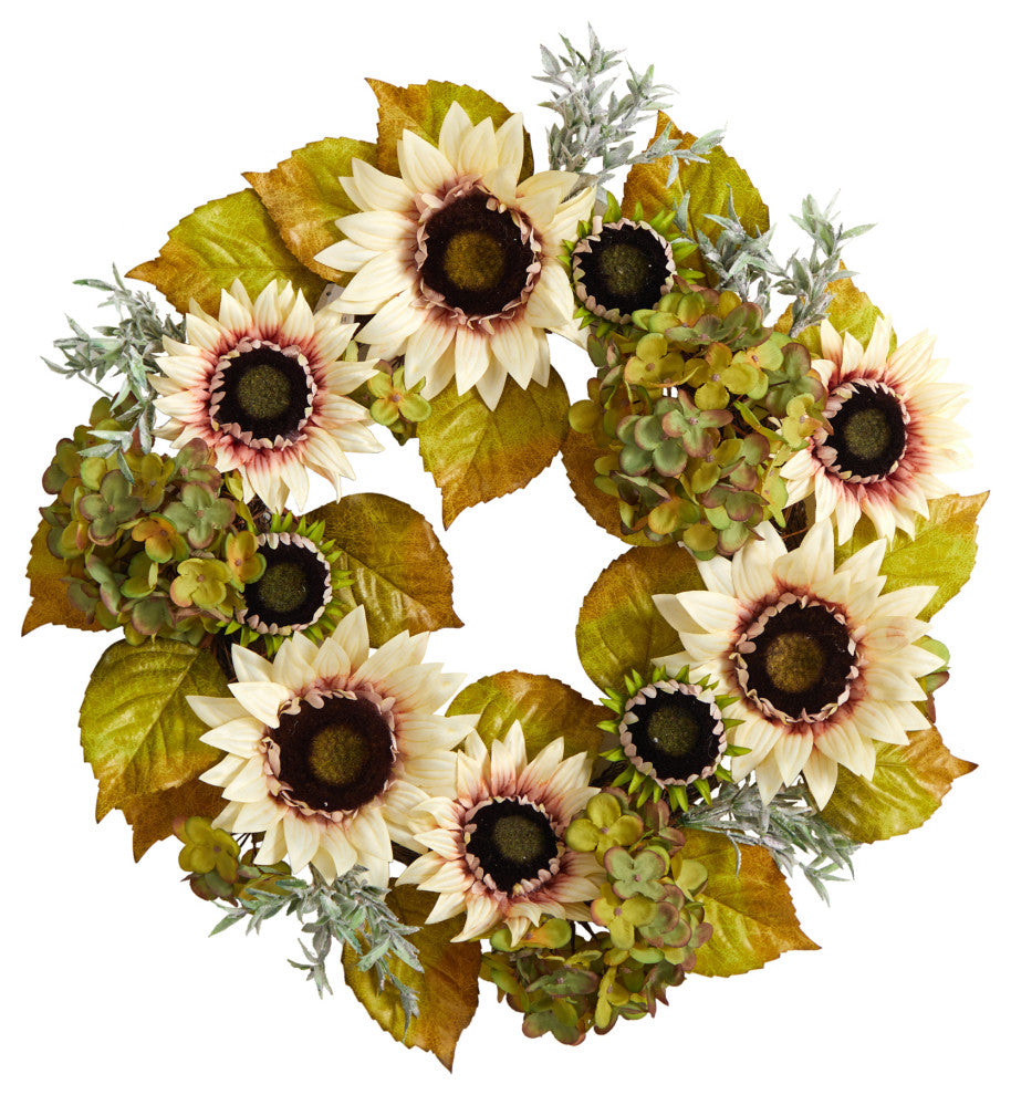 24" White Sunflower and Hydrangea Artificial Autumn Wreath