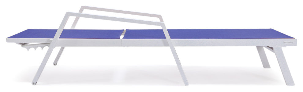 LeisureMod Marlin Chaise Lounge Set With Arms and Fire Pit Table, Navy Blue