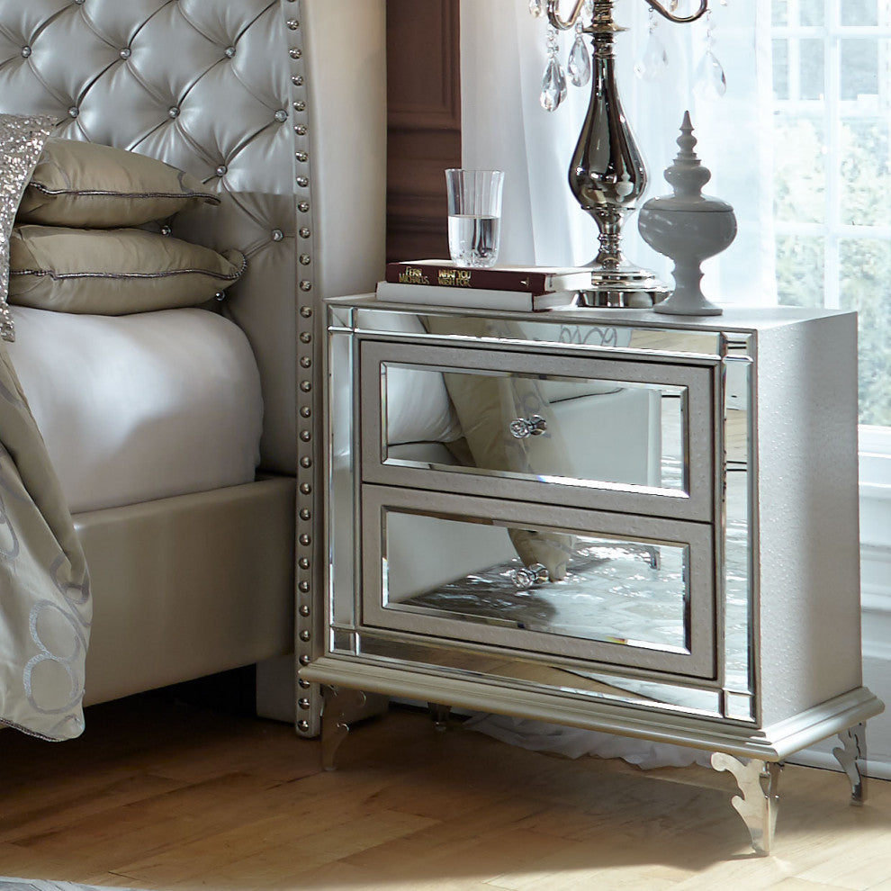 AICO Michael Amini Hollywood Loft Upholstered Nightstand, Frost