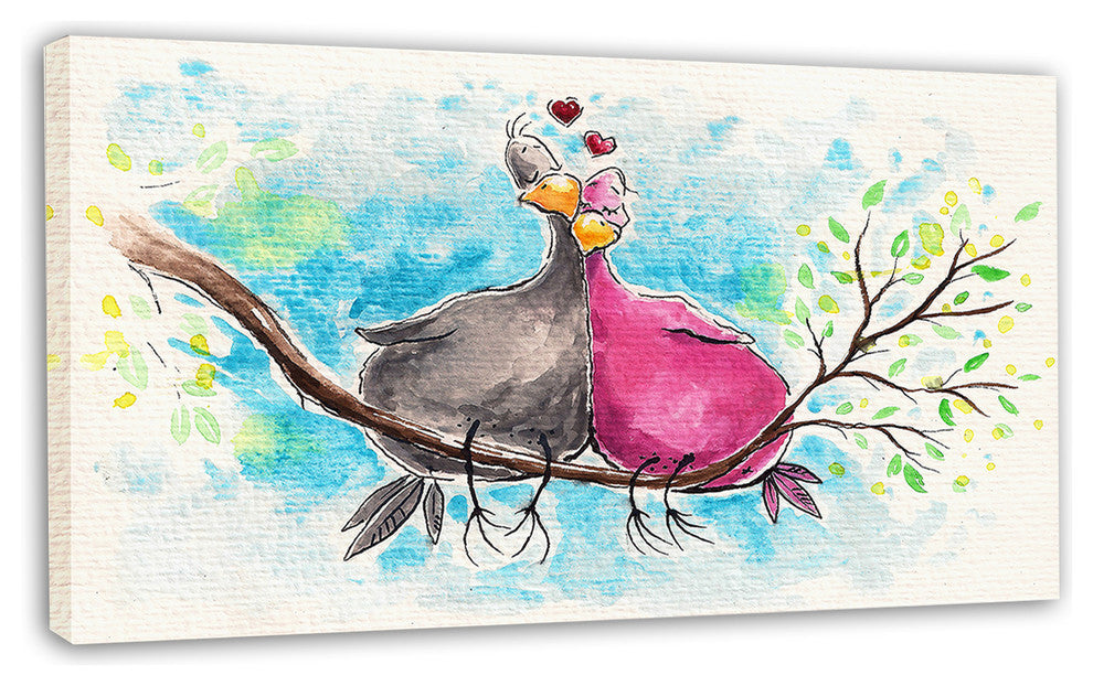 Two Birds in Love on Branch, Abstract Canvas Art Print, 32"x16"
