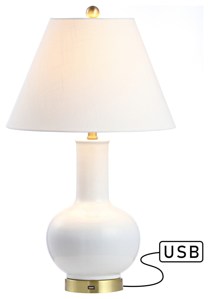 Han 27" Ceramic Contemporary USB Charging LED Table Lamp, White