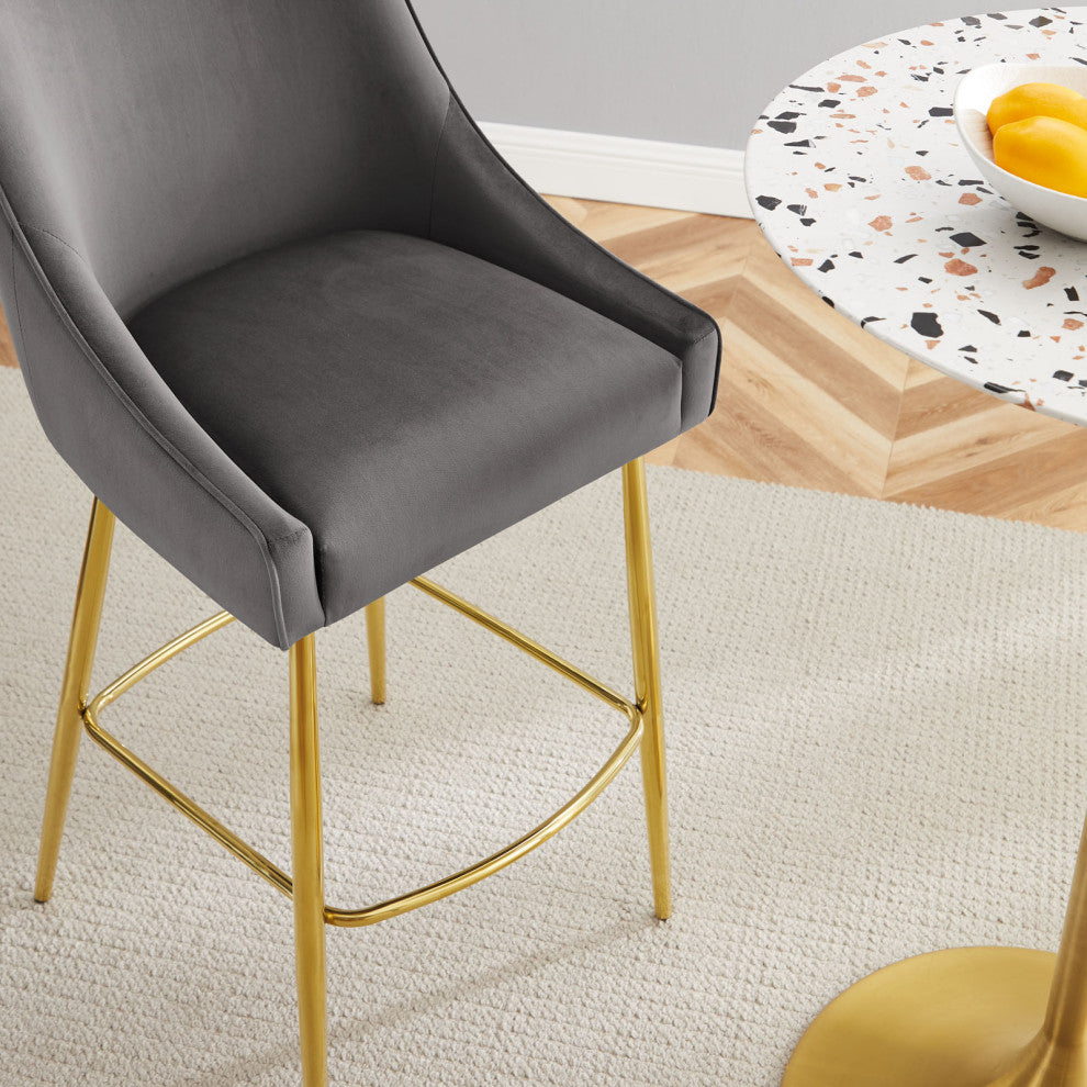 Bar Stool Chair Barstool, Gray, Velvet, Modern, Mid Century Lounge Dining