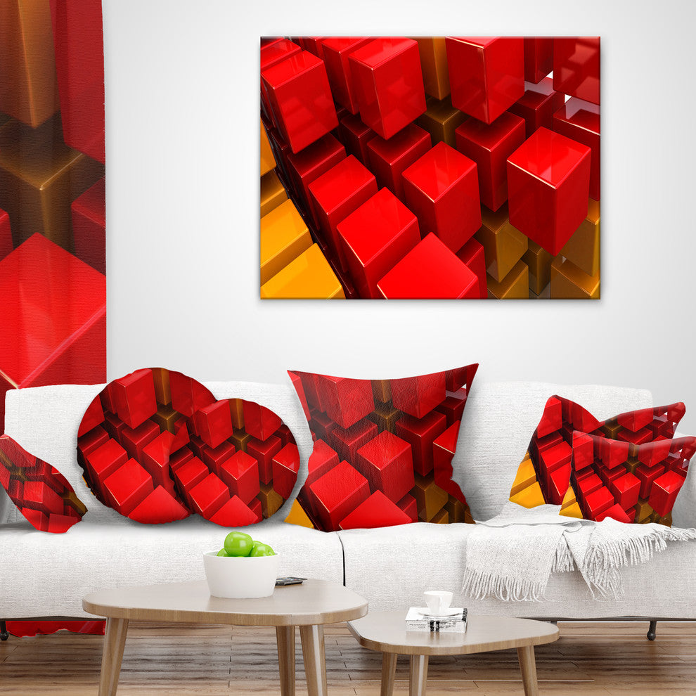 Fractal 3D Red N Yellow Cubes Contemporary Throw Pillow, 18"x18"