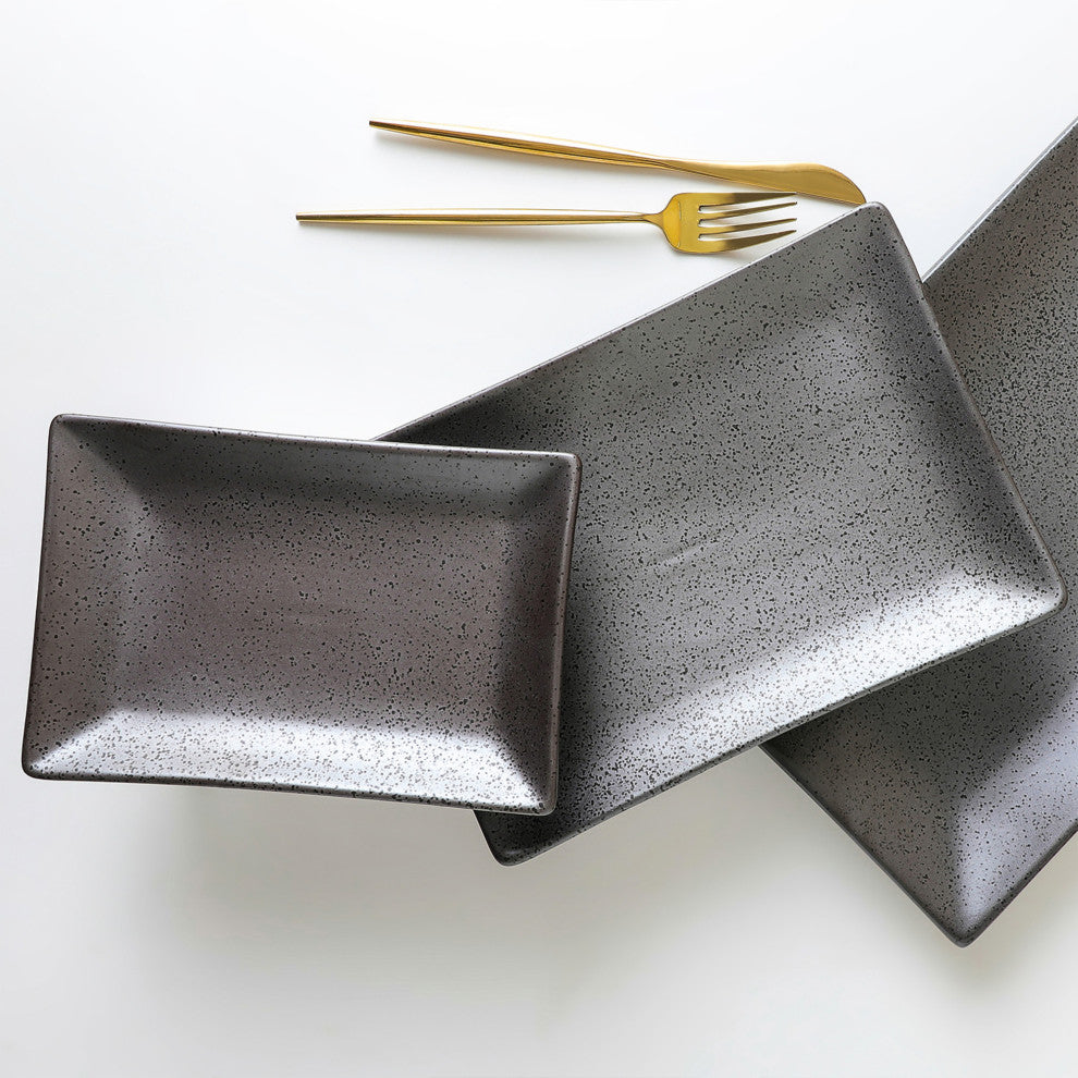 3-Piece Stone Lain Valencia Porcelain Serving Plate Set, Metallic Gray