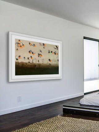 "Orange Umbrellas" Framed Print by Karolis Janulis