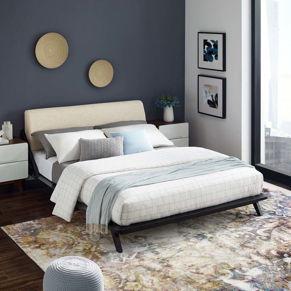 Luella Queen Upholstered Fabric Platform Bed, Walnut Beige
