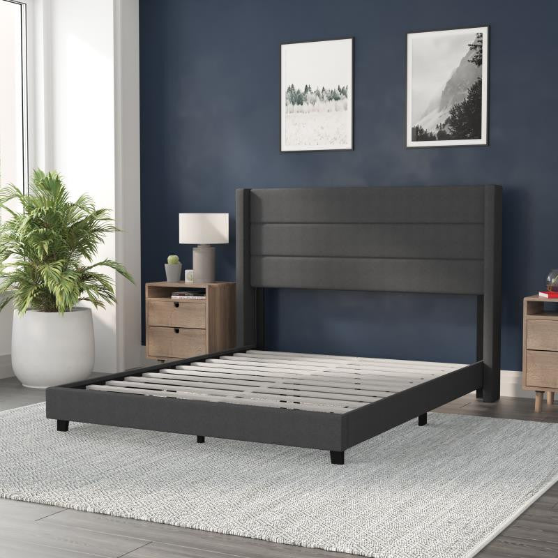 Hollis Upholstered Platform Bed with Wingback Headboard w/Mattress Foundation, Charcoal, Queen
