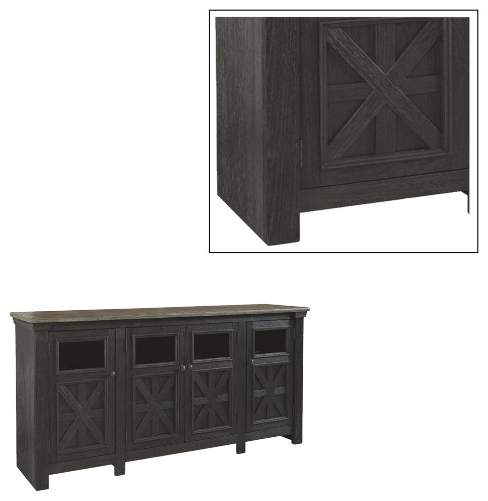 Dual Tone Wooden Tv Stand With Four Cross Buck Doors Storage, Extra Large