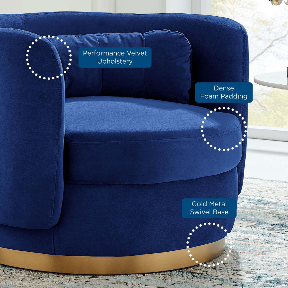 Armchair Swivel Accent Chair, Navy Gold, Velvet, Modern, Lounge Hospitality