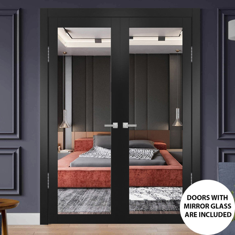 Interior French Double Doors|Lucia 1299 Matte Black with Mirror -56x80