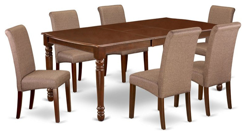 DOBA7-MAH-18 7Pc table with linen brown fabric Chairs with mahogany chair legs