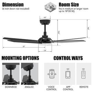 CARRO Smart Voice Control Ceiling Fan with Dimmable LED Light and Remote, Black, 52" Downrod