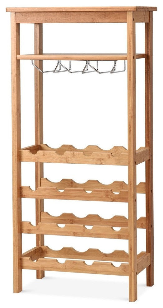 Modern 16 Bottles Bamboo Storage Wine Rack With Glass Hanger