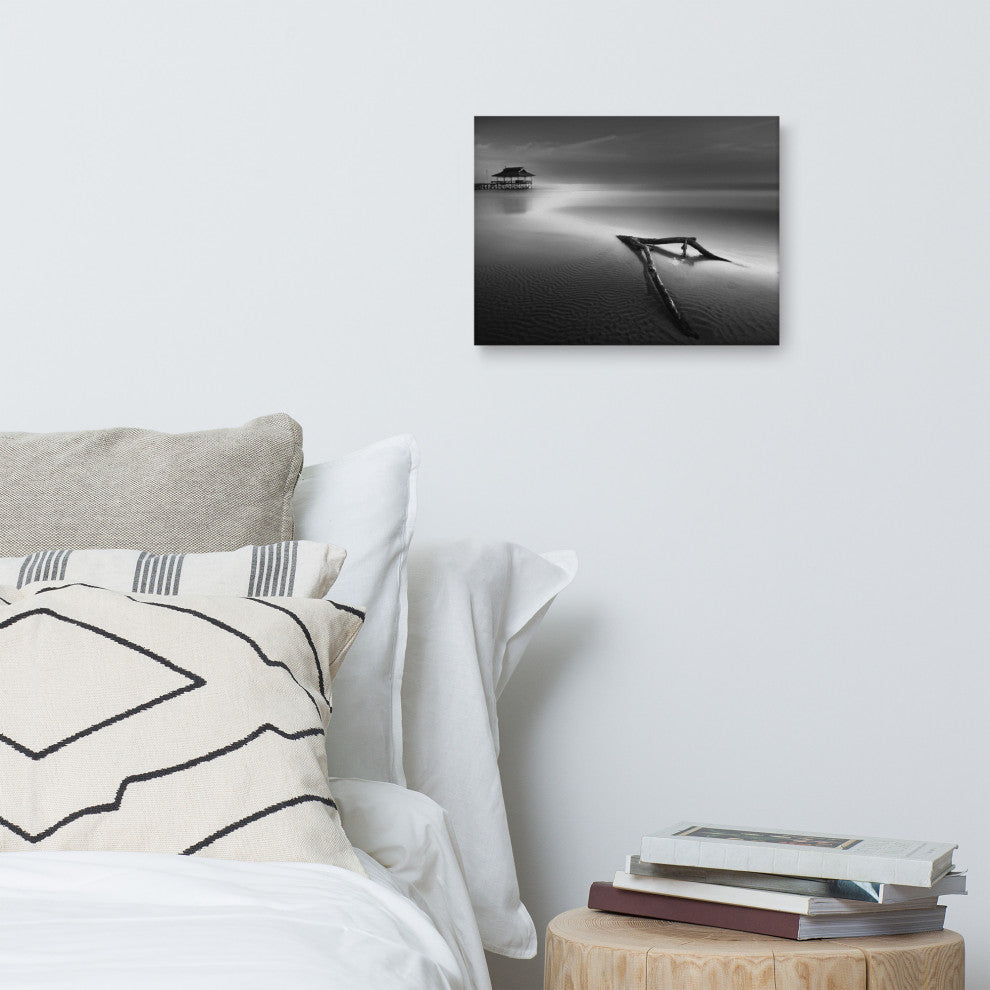 Dramatic Beach Driftwood Black & White Coastal Landscape Photo CanvasArt Print, 12" X 16"
