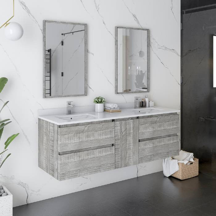 Fresca Formosa 60" Ash Wall Hung Double Sink Modern Vanity Set, Faucet Fft9161ch