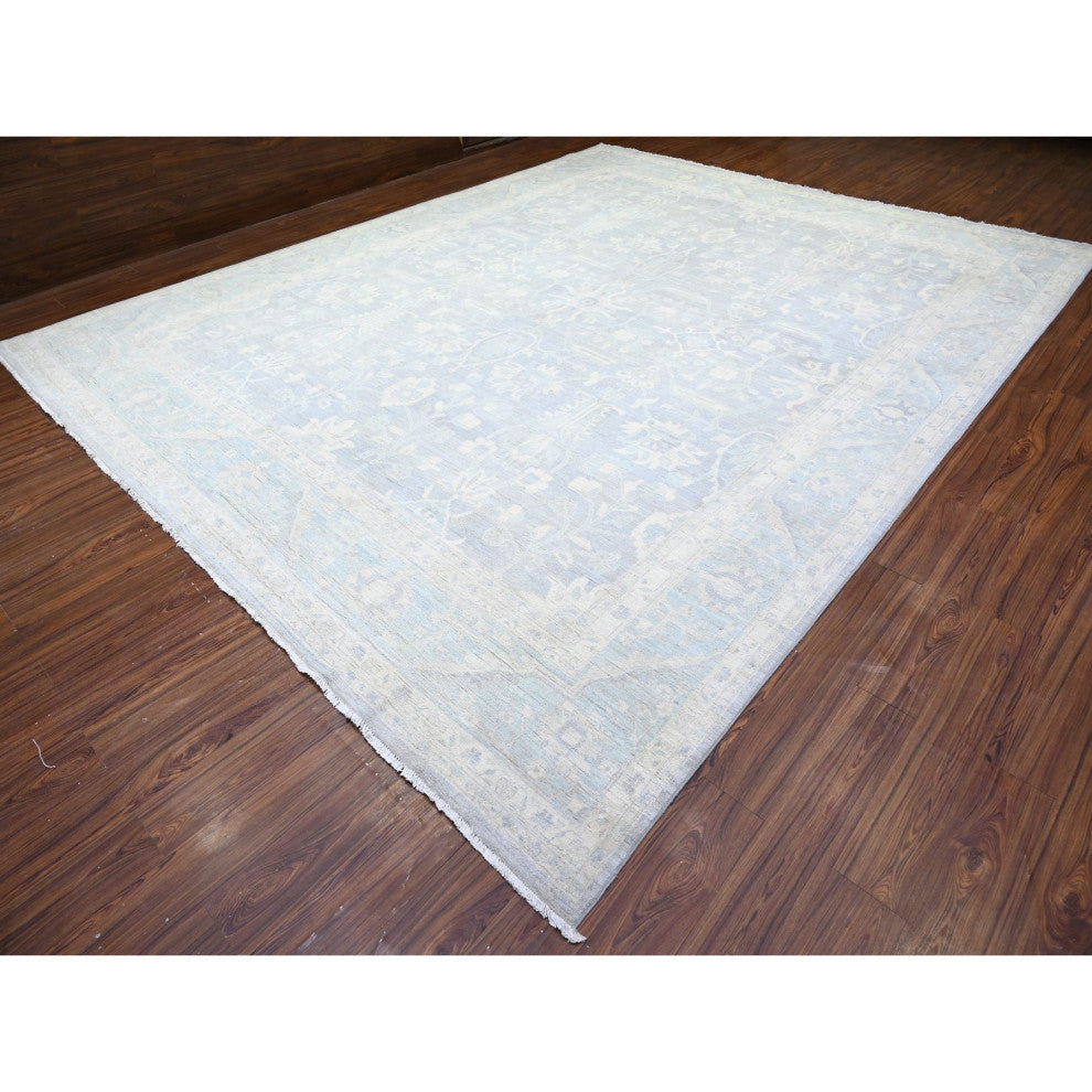 Gray Washed Out Peshawar Wool Hand Knotted Oversized Oriental Rug, 11'9"x14'4"