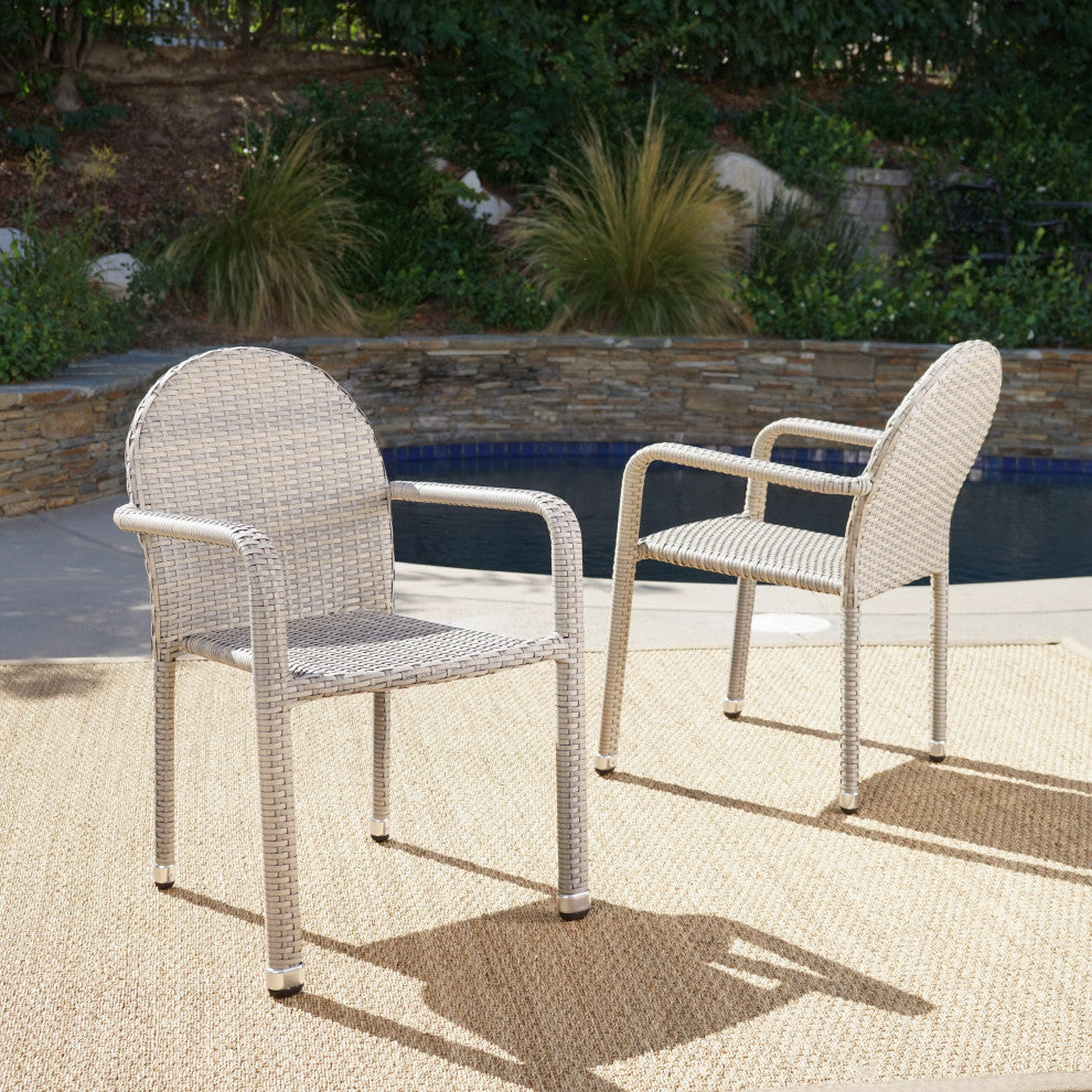 GDF Studio Ava Outdoor Wicker Armed Aluminum Framed Stack Chairs, Set of 2, Chat