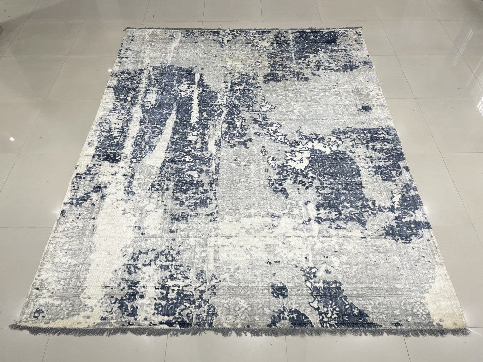Hand-Knotted Wool Ivory/Blue Transitional Modern Modern Rug, 7' X 9'