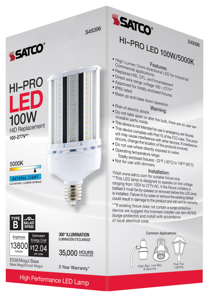 100W LED HID Replacement, 5000K, Extended Mogul Base, Type B Ballast Bypass