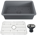 32in Undermount Single Bowl Fireclay Kitchen Sink with Grid and Drainer, Matte Gray