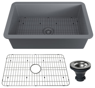 32in Undermount Single Bowl Fireclay Kitchen Sink with Grid and Drainer, Matte Gray