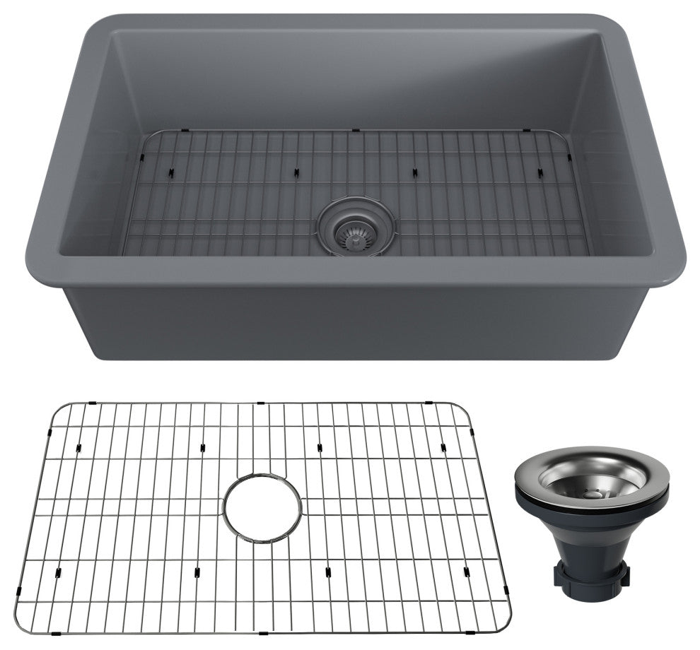 32in Undermount Single Bowl Fireclay Kitchen Sink with Grid and Drainer, Matte Gray