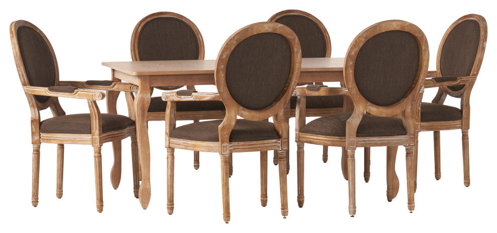 Comisky French Country Fabric Upholstered Wood Expandable 7-Piece Dining Set, Natural Brown/Brown