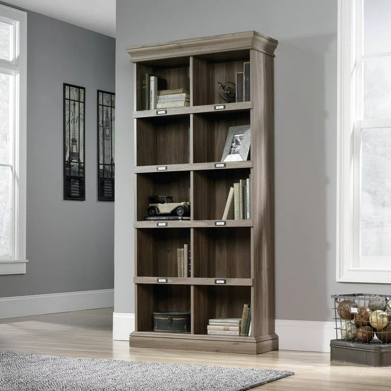 Tall Bookcase, Wood Frame & 10 Open Compartments With ID Label Tags, Salt Oak