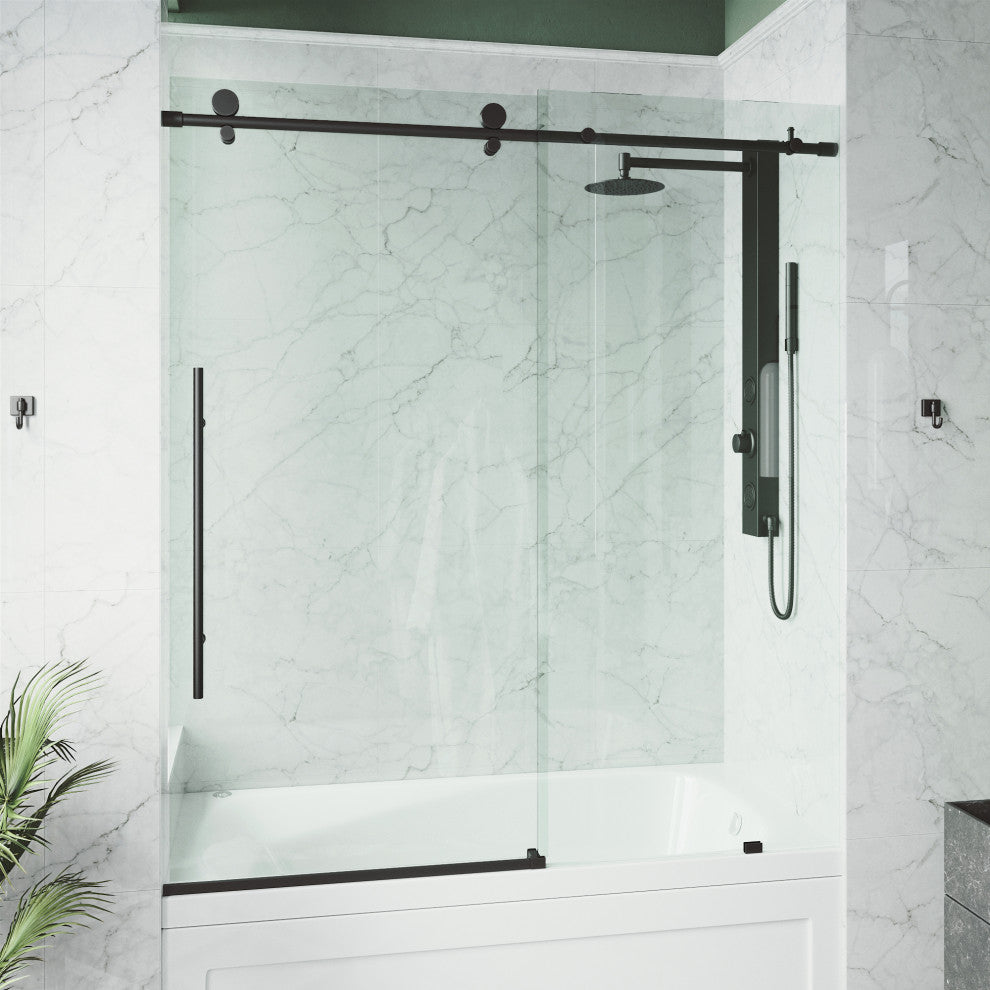 VIGO Elan E-Class 56" to 60" W x 66" H Frameless Sliding Tub Door, Matte Black, Clear Glass