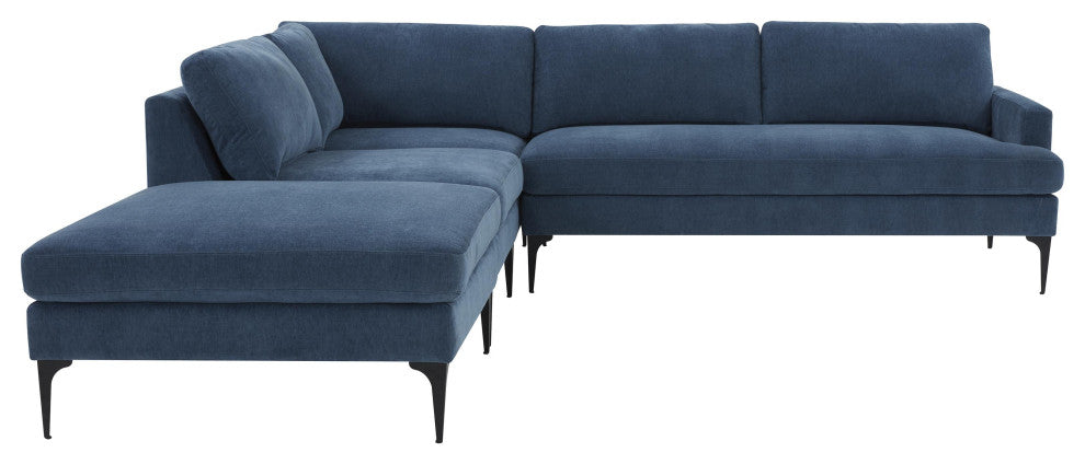 Serena Blue Velvet Large Left Arm Facing Chaise Sectional With Black Legs