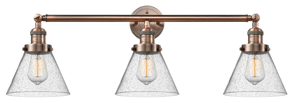 Large Cone 3-Light Bath Fixture, Seedy Glass, Antique Copper