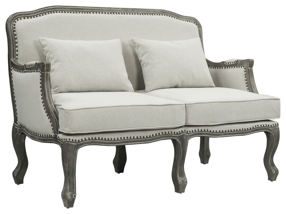 Lv01131 Loveseat With 2 Pillows, Cream Linen and Brown Finish Tania