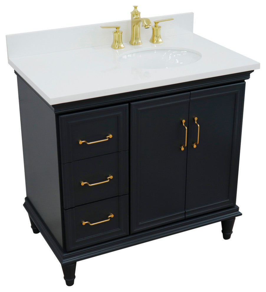 37" Single Vanity, Dark Gray Finish With White Engineered Stone Top