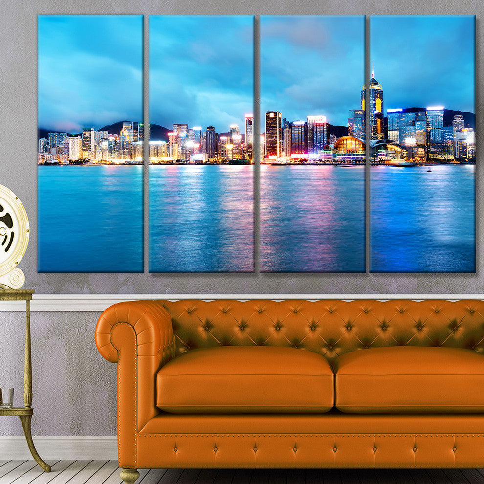 Colorful Hong Kong at Night, Cityscape Canvas Art Print, 48"x28", 4 Panels