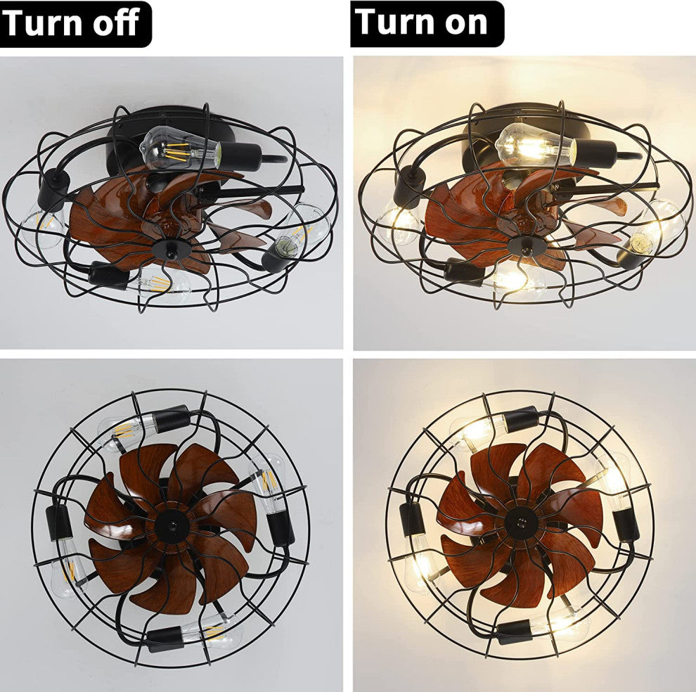 Black Cage Flush Mount Ceiling Light, Fan And Remote Control, 5 Light