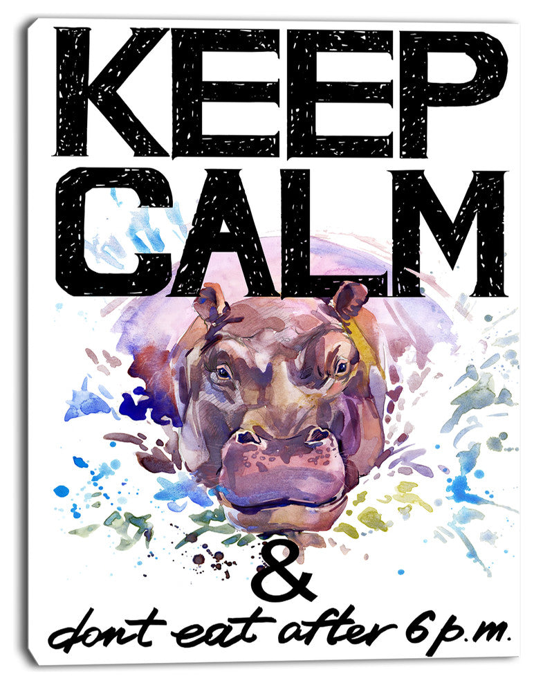 Hippopotamus Watercolor Illustration, Contemporary Animal Art Canvas, 12"x20"