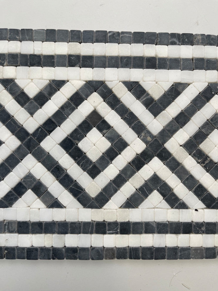 Guitam Black White 7.1x11.7 Marble Mosaic Border Listello Tile Tumbled, 1 piece