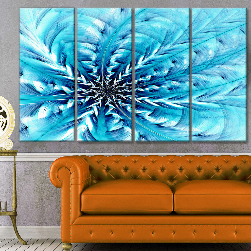 Light Blue Fractal Flower Pattern, Abstract Wall Art Canvas, 48"x28", 4 Panels