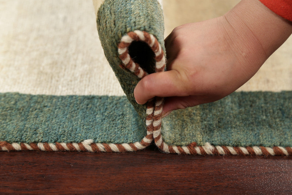 Gabbeh Border Traditional Area Rug Hand-Knotted Persian, Beige, 10'8"x2'7