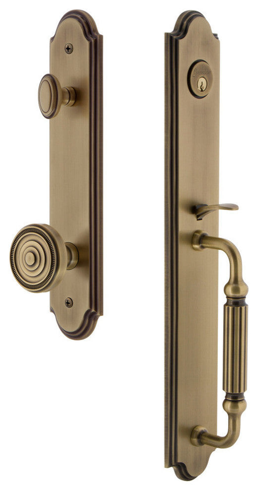 Arc 1-Piece Dummy Handleset, F Grip and Soleil Knob, Vintage Brass, 848741