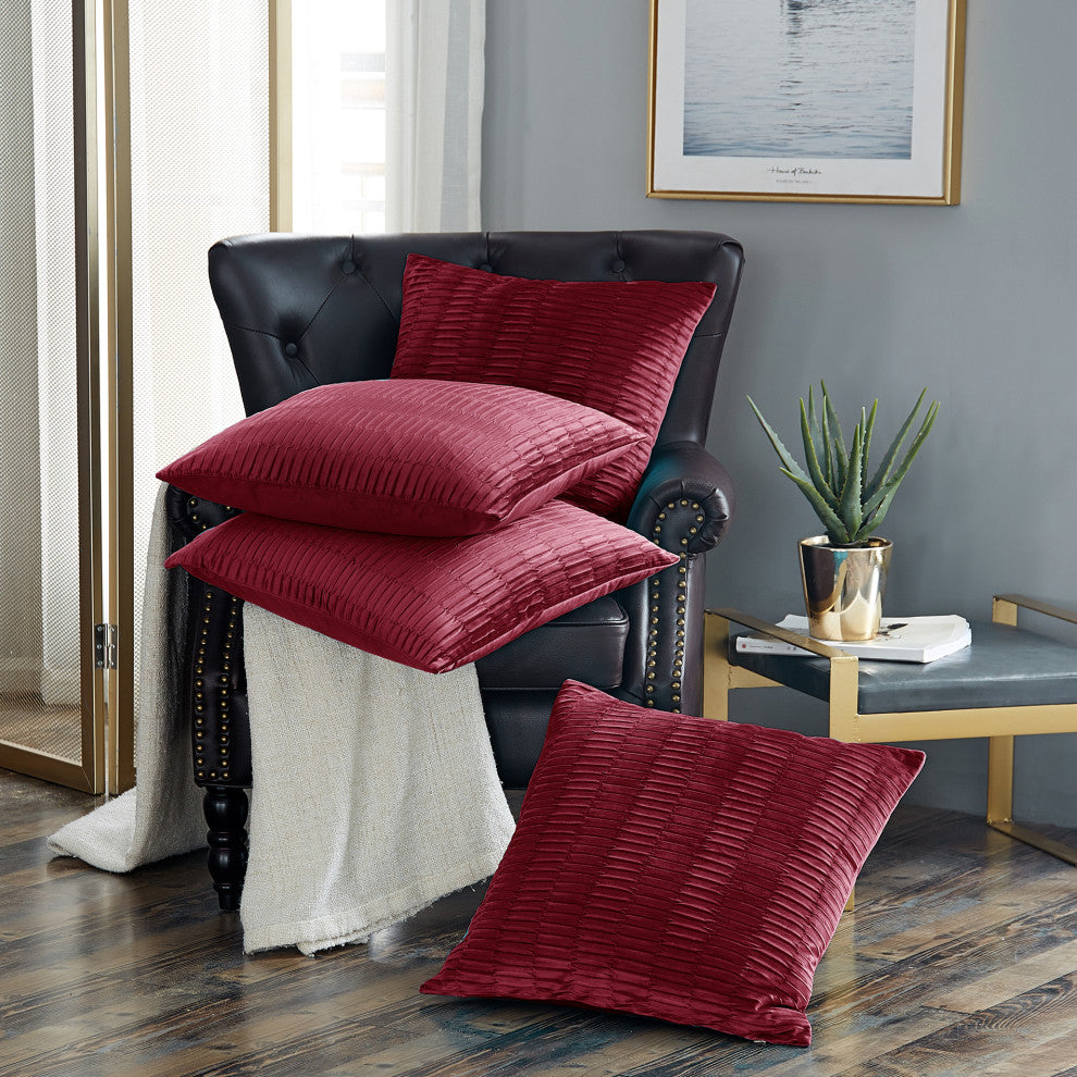 Pleated Velvet Pillow Cover 4 Piece Set, Garnet, 20" X 20"